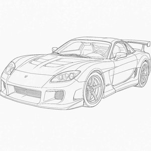 Puede incluir: Dibujo lineal de un coche deportivo con un perfil bajo, una prominente parrilla delantera, faros elegantes y un alerón trasero. El coche tiene ruedas detalladas y una carrocería aerodinámica, lo que sugiere velocidad y rendimiento.