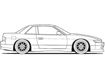 May include: Line drawing of a two-door sports car in profile. The car is black and white, with a low profile, large wheels, and a spoiler. The car has a sleek, aerodynamic design, and is set against a white background.