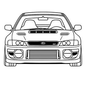 Puede incluir: Dibujo lineal en blanco y negro de la vista frontal de un coche. El coche tiene dos faros a cada lado, una parrilla delantera y una toma de aire en el capó. El interior del coche es visible a través del parabrisas.