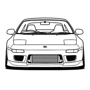 May include: Black and white line art illustration of a sports car, viewed from the front. The car features pop-up headlights, side mirrors, and a front grille. The Toyota logo is visible on the front.