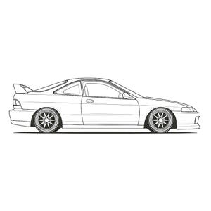 Puede incluir: Dibujo lineal en blanco y negro de un coche cupé. El coche presenta un alerón, neumáticos de perfil bajo y llantas personalizadas. La vista lateral muestra un diseño aerodinámico, destacando sus características deportivas.