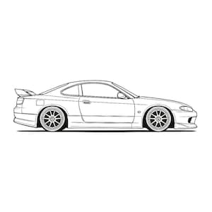 May include: Line drawing of a sports coupe car in profile. The car has a spoiler, low profile tires, and custom rims. The car is black and white, with a minimalist design.