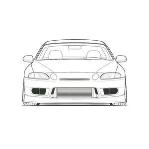 以下が含まれることがあります： 車の正面図の白黒線画。ヘッドライト、グリル、ロープロファイルが特徴です。デザインはミニマルで、クリーンなラインが車の形状を強調しています。