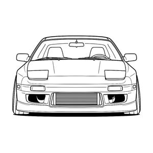 Puede incluir: Ilustración en blanco y negro de un coche deportivo. El coche tiene faros emergentes, espejos laterales y un alerón delantero. La imagen es una vista frontal del vehículo.