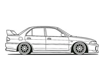 May include: Line drawing of a sedan car with a rear spoiler, lowered suspension, and custom wheels. The car is depicted in black lines on a white background, showcasing a sporty aesthetic.