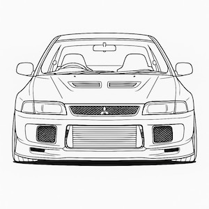 Könnte beinhalten: Schwarz-weiße Strichzeichnung eines Sportwagens, von vorne gesehen. Das Auto hat eine niedrige Silhouette, einen markanten Frontgrill, Lufteinlässe und Scheinwerfer. Das Mitsubishi-Logo ist auf dem Kühlergrill zu sehen.