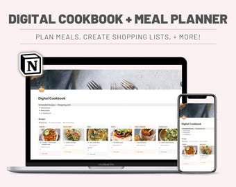 May include: A laptop and smartphone displaying a digital cookbook and meal planner interface. The screen shows meal planning options, shopping lists, and recipe examples. The text at the top reads "DIGITAL COOKBOOK + MEAL PLANNER".
