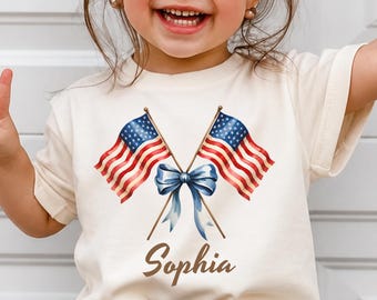 Camiseta personalizada del 4 de julio para niñas, camiseta personalizada con lazo de la bandera de EE. UU., camiseta patriótica para niñas pequeñas, conjunto para el Día de la Independencia.