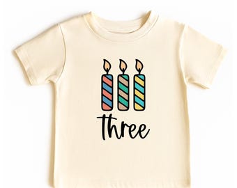 Three Birthday Shirt, Third Birthday Tee, Kids Birthday Outfit, Colorful Candle Shirt, 3rd Birthday Gift