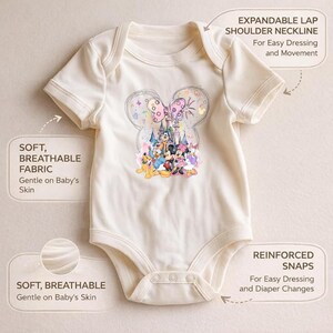 a baby onesie with a Disney character design, including Mickey Mouse and Minnie Mouse. The onesie has a soft, breathable fabric and a comfortable fit, making it suitable for baby's skin. It also has expandable shoulder straps and reinforced snaps for easy dressing and diaper changes.