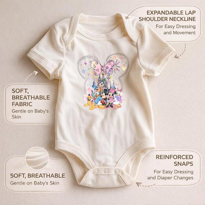 a baby onesie with a Disney character design, including Mickey Mouse and Minnie Mouse. The onesie has a soft, breathable fabric and a comfortable fit, making it suitable for baby's skin. It also has expandable shoulder straps and reinforced snaps for easy dressing and diaper changes.