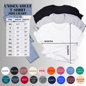a size chart for adult t-shirts, along with a variety of different colored t-shirts and jeans. The chart provides the size and width measurements for each color, ranging from small to large.