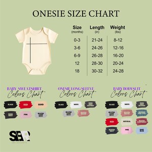 The image is a size chart for baby clothing, including a baby onesie, a long sleeve onesie, and a baby bodysuit. The chart provides size and color information for different age groups, such as 0-3 months, 21-24 months, and 24-28 months.