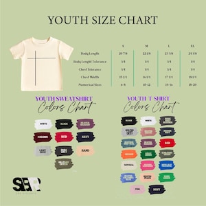 The image is a youth size chart that provides information about the sizes of a youth sweat shirt and a youth t-shirt. The chart includes color options for the sweat shirt and the t-shirt, along with corresponding size categories and numerical sizes.