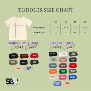 K&ouml;nnte beinhalten: Eine Gr&ouml;&szlig;entabelle f&uuml;r Kleinkinder mit Ma&szlig;en f&uuml;r K&ouml;rperl&auml;nge und Brustweite. Die Tabelle enth&auml;lt die Gr&ouml;&szlig;en 2T, 3T, 4T und 5T. Farbkarten f&uuml;r Sweatshirts und T-Shirts f&uuml;r Kleinkinder werden ebenfalls angezeigt.