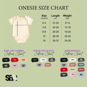 The image is a size chart for baby clothing, including a baby onesie, a long sleeve onesie, and a baby bodysuit. The chart provides size and color information for different age groups, such as 0-3 months, 21-24 months, and 24-28 months.