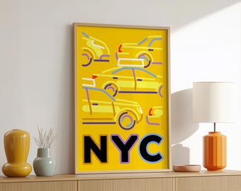 New York Yellow Cabs Wall Art – NYC Poster Print – City Traffic Illustration – Museum Quality Matte Decor – Multiple Sizes