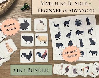 May include: Farm animal shadow matching bundle for beginners and advanced learners. The set includes cards with animal silhouettes and matching images, with the text "Beginner Version", "Advanced Version", and "2 IN 1 BUNDLE!" on the cards.