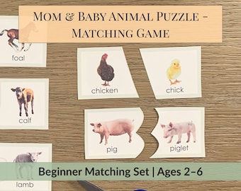 Gioco di abbinamento stampabile tra mamma e bambino degli animali della fattoria – Attività puzzle per bambini piccoli e in età prescolare – Apprendimento ispirato al metodo Montessori – PDF a tema fattoria