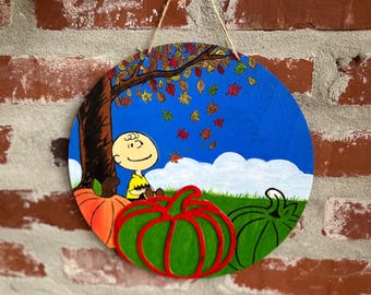 Ręcznie malowany znak z okazji Święta Dziękczynienia Charliego Browna | Jesienne dekoracje z drewna