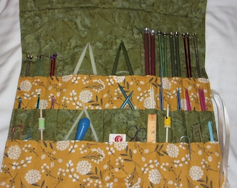 Knit/Crochet Needle Roll, Knitting Needle Organizer, 30 Pockets, Gift for Her, Gold/white Floral Print, Ready to Ship