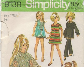 Simplicity 9138 Vintage Doll Clothes Sewing Pattern for 17 1/2" dolls such as 1970s Crissy and Velvet