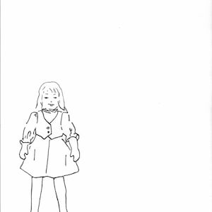 May include: A simple line drawing of a girl wearing a dress and a waistcoat. The girl has short hair and is standing with her hands in her pockets.