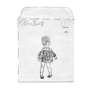 Puede incluir: Ilustración en blanco y negro de una niña con un vestido en un sobre blanco con el texto "Wee Sew 1" y "1975 Velvet 20c".