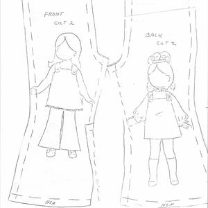 May include: A black and white line drawing pattern for a doll's dress. The pattern includes instructions for the front and back of the dress, with the text "Front Cut 2" and "Back Cut 2" labeled on the pattern.