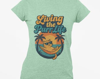 Retro Cat Hammock T-Shirt, Funny Cat Lover Vacation Vibes Tee