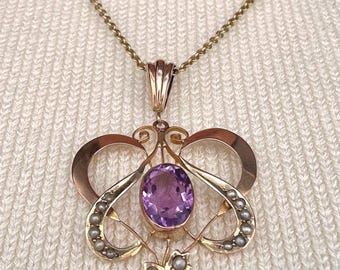 Antique 1915 Art Nouveau 9ct Rose and Yellow Gold Floral Pendant with 1.5CT Amethyst Drop Pendant, 9k Antique Pendant.
