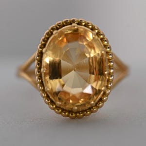 Glamorous Mid-Century 50&#39;s Vintage 14ct Yellow Gold Citrine Dress Ring - Statement Ring - Cocktail Unusual Estate Jewellery, Large Stone