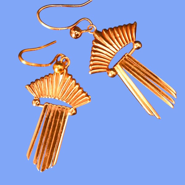 Vintage 1960s 9ct Yellow Gold Drop Earrings - Art Deco Style