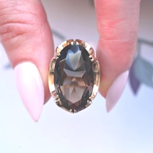 Vintage 9ct Gold Smokey Quartz Statement Ring - Birmingham 1970s, Unusual Large Stone  Jewellery, Rare Heirloom Jewelry, England Made Gold