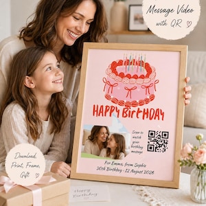 Poster de aniversário personalizado com QR Code de vídeo | Presente de aniversário digital para imprimir