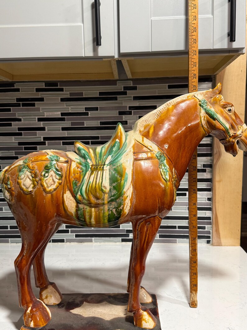 Vintage Tang Dynasty War Horse Figurine Glazed Tricolor. Large Statue ...
