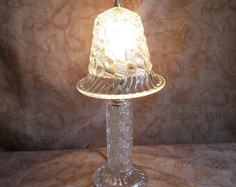 Vintage small heavy glass candlestick style lamp with glass shade. AAA. B580-5.