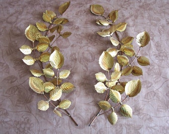 Vintage 1970s brass and copper left and right facing metal wall art leaves décor.  B584-.40.