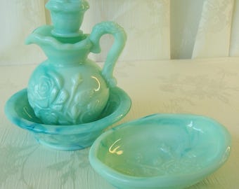 Vintage 1986 Avon aqua marbled glass.  Pitcher, bowl, soap dish.  Set-AAA.  B388-1