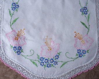 Vintage embroidered scarf with pink and blue flowers white and pink border.  T590-.60.