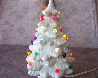 Vintage white ceramic Christmas tree.  Lighted.  B814-1.