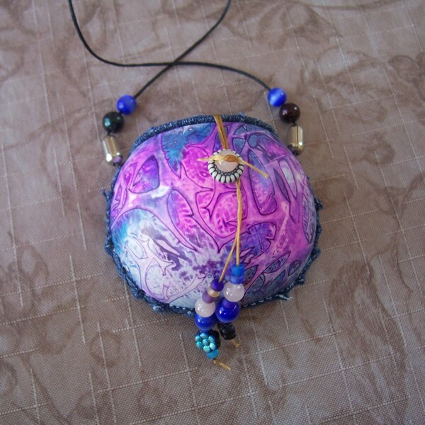 Small specialty dyed gourd medicine bag necklace.  2064.