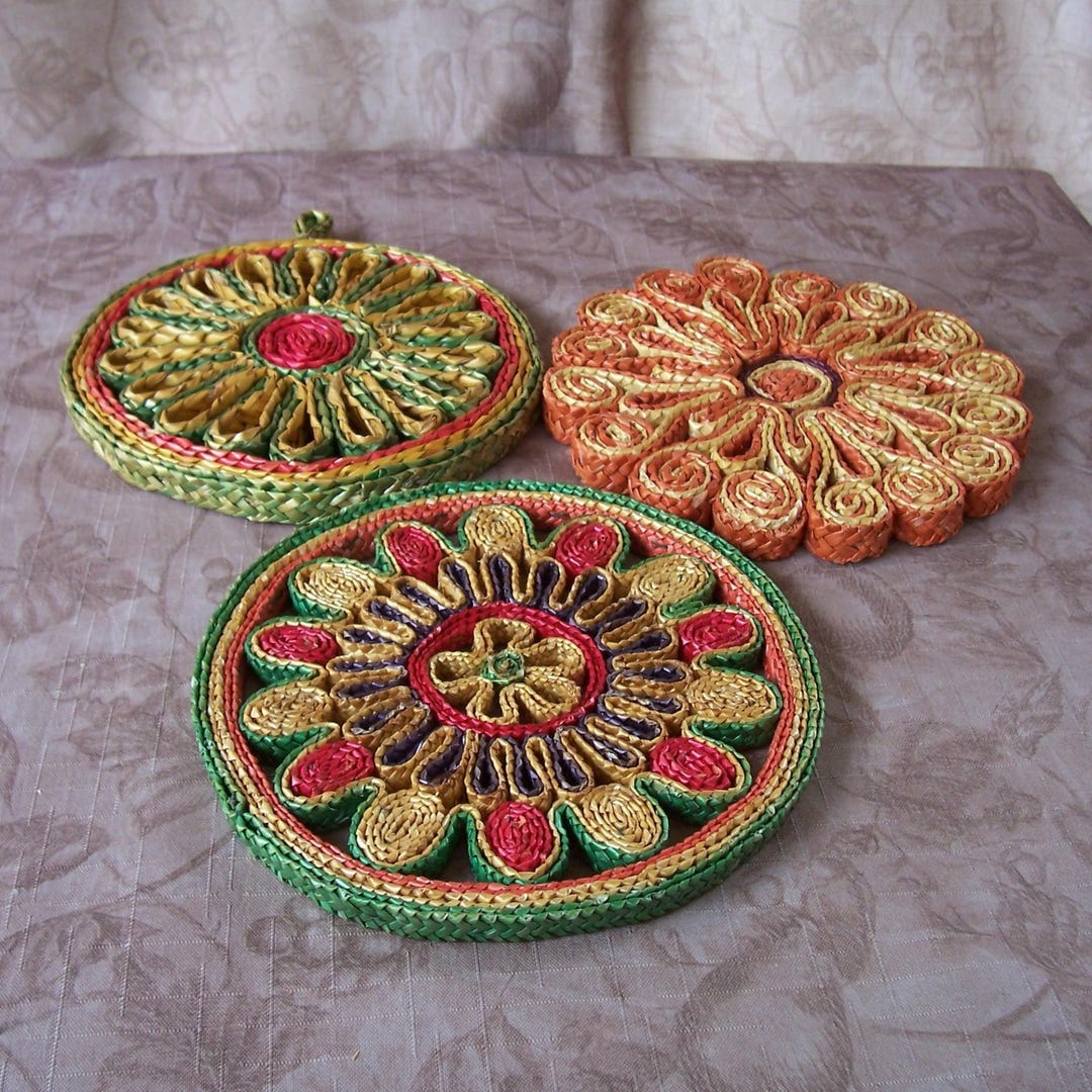 Vintage Set of 3 Colorful Rattan Straw Trivets Hot Pads. Set AAA. T404 ...