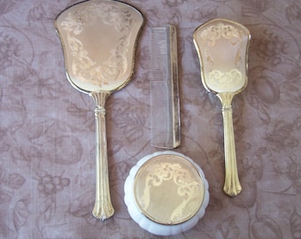 Vintage 4-piece silver-tone etched metal dressing table set.  B679-3.25.