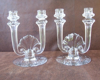 Vintage pair of 1930s Heisey Crystal double candlesticks-Toujour pattern.  B351-10.