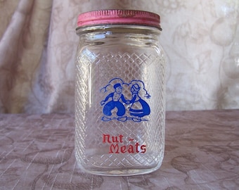 Vintage 1940s Hazel Atlas nut meat waffle pattern Dutch children Nut Meat jar.  B633-.75.