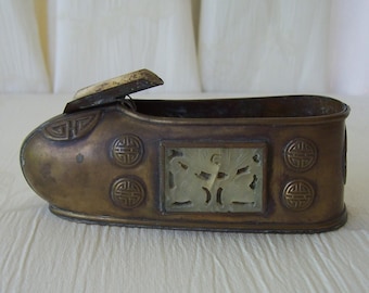 Vintage 1920s brass ashtray with carved stone panels.  B618-5.