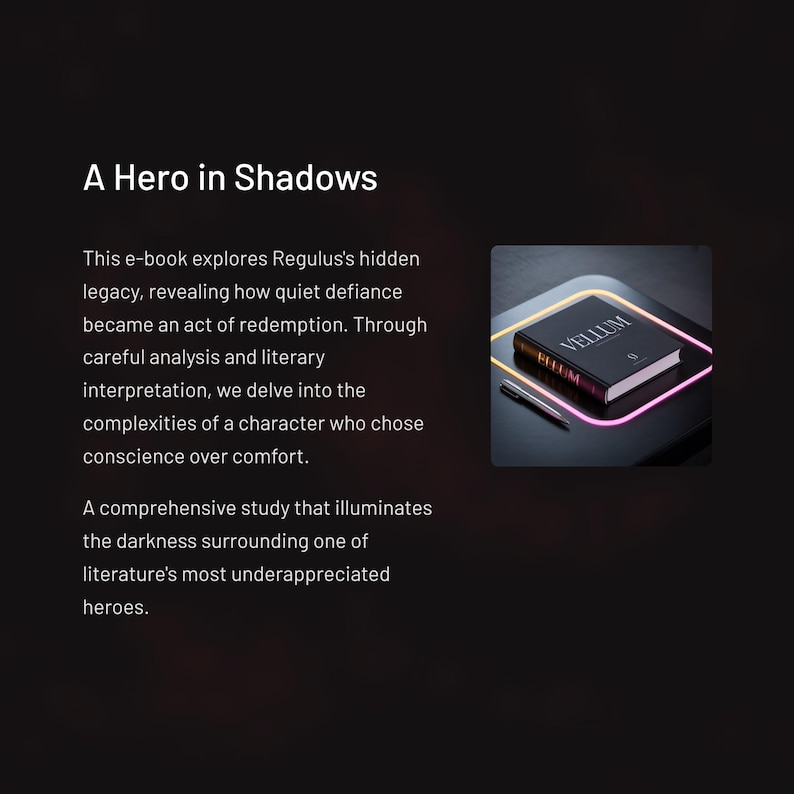 Pode incluir: Um livro intitulado "Vellum" com o nome do autor "PHOM" em uma capa preta, colocado em uma superf&iacute;cie escura com uma borda rosa e amarela neon. O t&iacute;tulo "A Hero in Shadows" &eacute; exibido acima da descri&ccedil;&atilde;o do livro.
