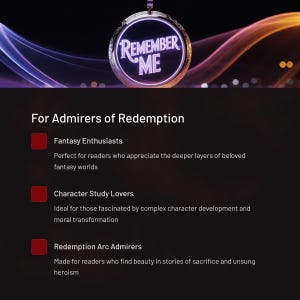 Pode incluir: Um pingente circular com as palavras "REMEMBER ME" em uma fonte estilizada, sobre um fundo escuro com detalhes roxos e dourados. Abaixo, texto que descreve o item para entusiastas de fantasia, amantes de estudos de personagens e admiradores do arco de reden&ccedil;&atilde;o.