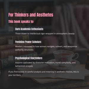 Może przedstawiać: Obraz z tekstem: &bdquo;Dla myślicieli i estet&oacute;w&rdquo;. Wymienia odbiorc&oacute;w: Dark Academia Enthusiasts, Feminine Power Scholars i Psychological Storytellers. Widoczna filiżanka i książki sugerują tematykę literacką.